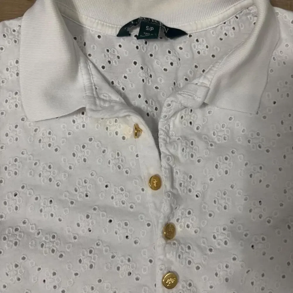 White eyelet polo top with
